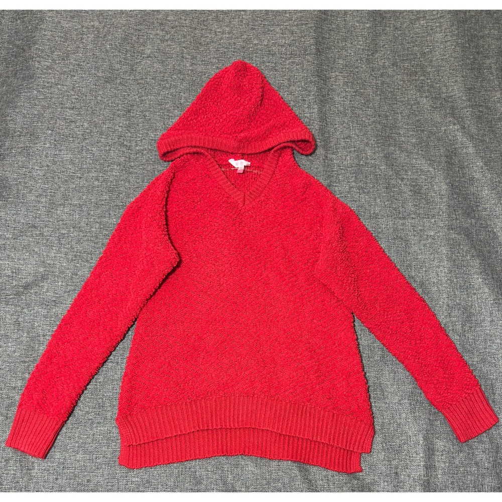 No Boundaries Juniors XL Red Hoodie Sweater Chenille Knit V-Neck Pullover